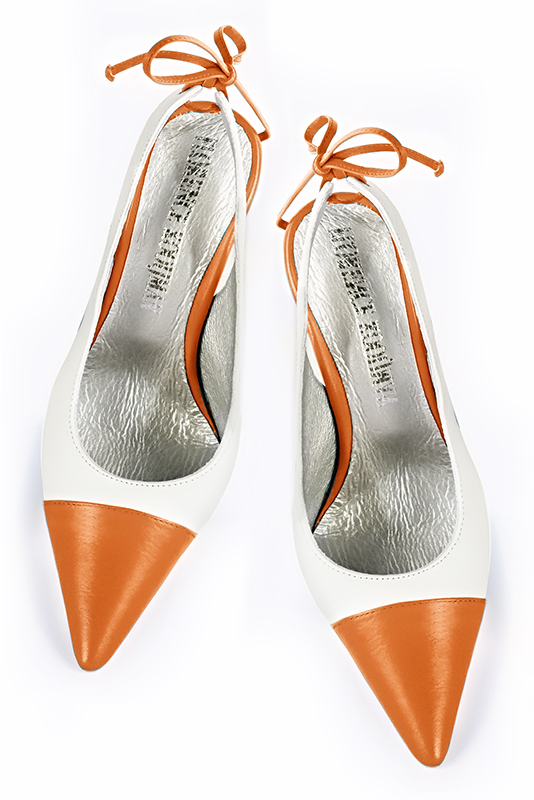 Apricot orange and off white women's slingback shoes. Pointed toe. High slim heel. Top view - Florence KOOIJMAN
